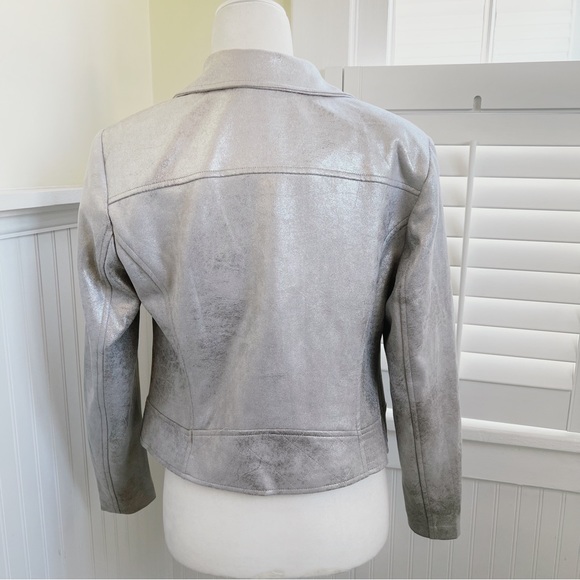 G by Giuliana Metallic Silver Faux Leather Moto Jacket Women’s Size Medium - Picture 2 of 4